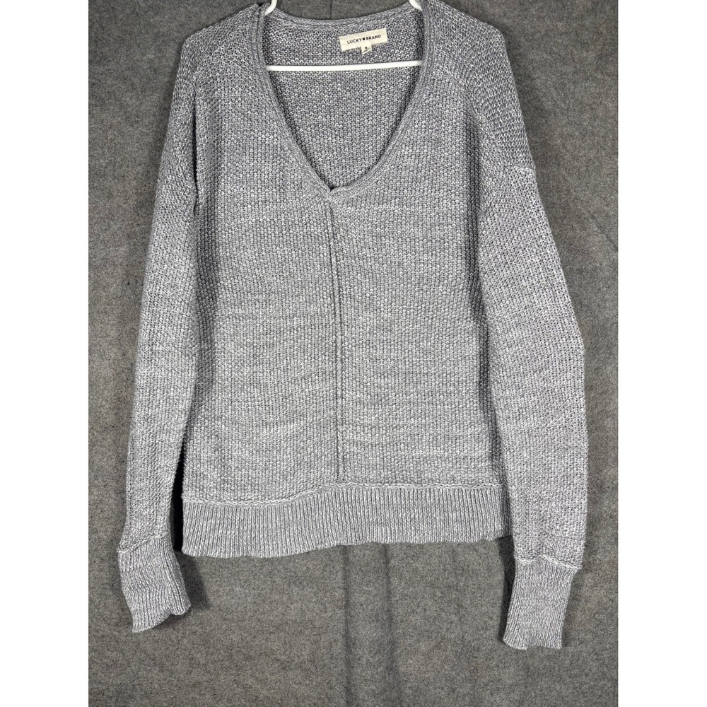 Lucky Brand Womens Grey Marl Textured V-Neck Pullover Sweater Size M RN 80318